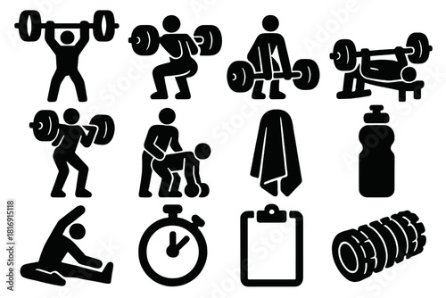 Brutalist Workout Icons. Training session silhouette icon set: lifter pose, squat, deadlift, bench press form, power clean, spotter, towel, water bottle, stopwatch, clipboard
