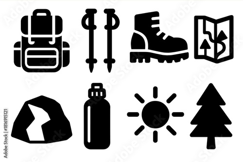Brutalist Hiking Icons. Trail Hiking Icons silhouette icon set. backpack, hiking poles, shoes, map, rock, water bottle, sun, tree.
