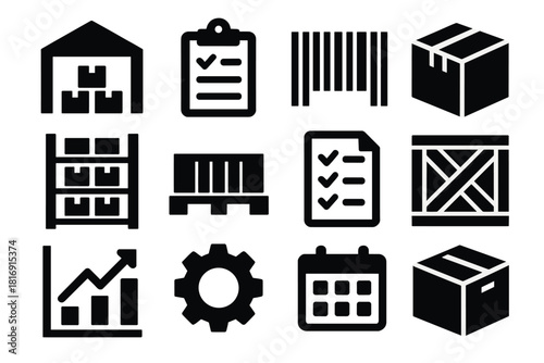 Bold Inventory Icons. Inventory silhouette icon set. warehouse, clipboard, barcode, box, shelf, pallet, checklist, crate, chart, gear, calendar, package.