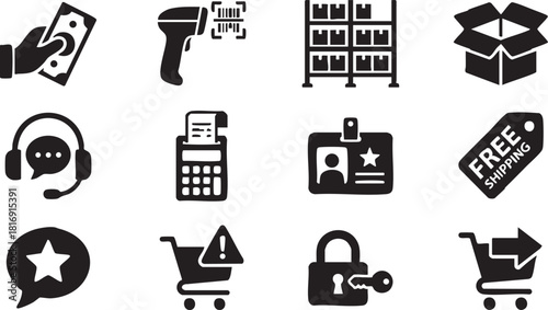 Ecommerce and shopping icons set, perfect for online business, retail, and logistics designs
