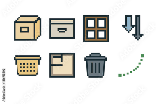 Home Organization Icons. Home Organization Symbols pixel style icon set: labeled box, drawer line, shelf grid, sorting arrows, laundry basket, room layout, tidy bin, arrangement