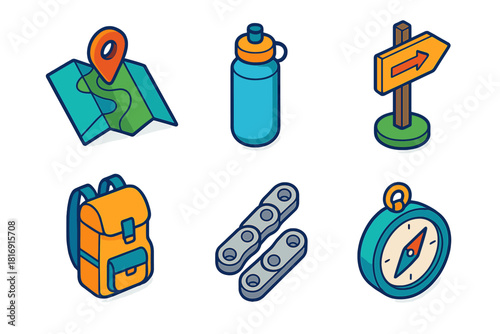Cross-Country Gear Icons. Cross-Country Ride flat icons set. map, water bottle, trail marker, backpack, chain, compass