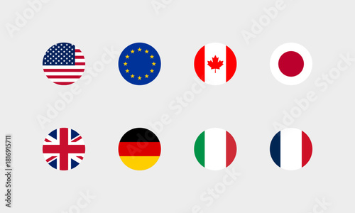 Professionelles G7 Flaggen Set – Rund / USA, EU, Kanada, Japan, Deutschland, Italien, Frankreich (Korrekte Farbdarstellung)