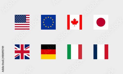 Professionelles G7 Flaggen Set – Quadratische Version / USA, EU, Kanada, Japan, Deutschland, Italien, Frankreich (Korrekte Farbdarstellung)