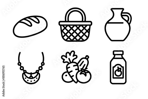 Local Artisan Icons. Local Goods linear icon set. bread loaf, woven basket, pottery, handmade jewelry, vegetables, bottled juice