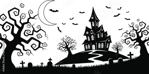 Spooky silhouette of a haunted mansion on a hill with gnarled trees, tombstones, bats, and a crescent moon in the night sky, perfect for halloween illustration