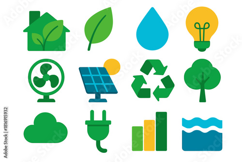 Eco-Friendly Icons. Green living flat icon set: eco house, leaf, droplet, light bulb, fan, solar cell, recycle symbol, tree, cloud, electric plug, bar chart, water flow