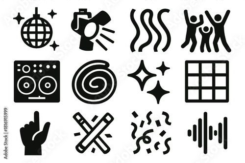 Vibrant Dance Icons. Electric Dance Scene silhouette icon set. disco light, spotlight, rhythmic lines, jumping crowd, DJ mixer, neon swirl, sparkles, dance tiles, hand in air, glow
