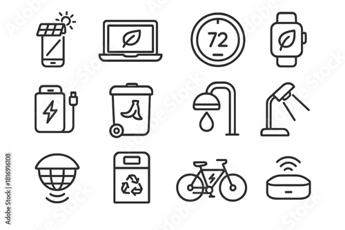 Eco-Tech Icon Collection. Eco-Tech Gadgets linear icon set: solar-powered phone, energy-saving laptop, smart thermostat, eco smartwatch, rechargeable battery pack, composting