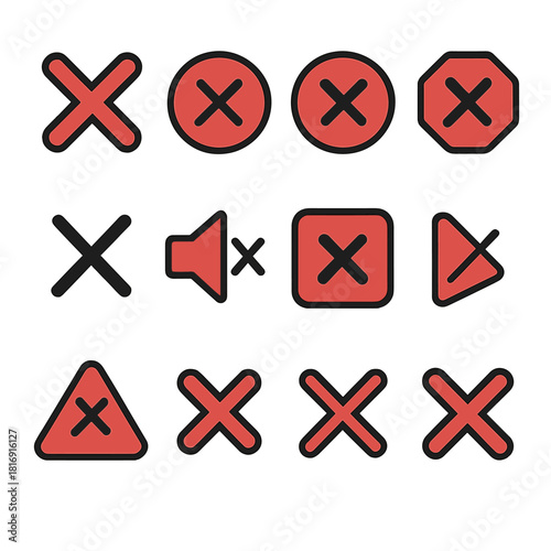 Red Cross Icons Set. Red Denial Icons Set linear icon set: reject X, cancel X, error X, stop X, crossed mark, muted red cross, indicator X, signal X, alert X, soft red X, pointed X