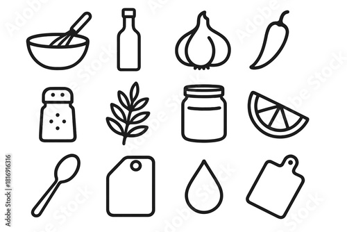 Kitchen Mixology Icons. Kitchen Mixology linear icon set. bowl, whisk, bottle, garlic, chili pepper, salt, herb sprig, jar, lemon wedge, spoon, cutting board, oil drop