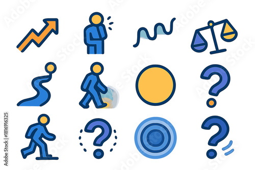Icons of Uncertainty. Hesitation & Doubt flat icon set: shaky arrow, paused figure, trembling line, tilted scale, unsure path, flicker glow, cautious step, ambiguity circle, low