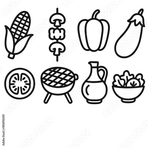 Vegetarian BBQ Icons. Vegetarian BBQ concept linear icon set: corn, mushrooms, bell pepper skewer, eggplant, tomato slice, grill, olive oil bottle, salad plate , organic food