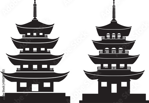 Two traditional japanese pagoda towers silhouette