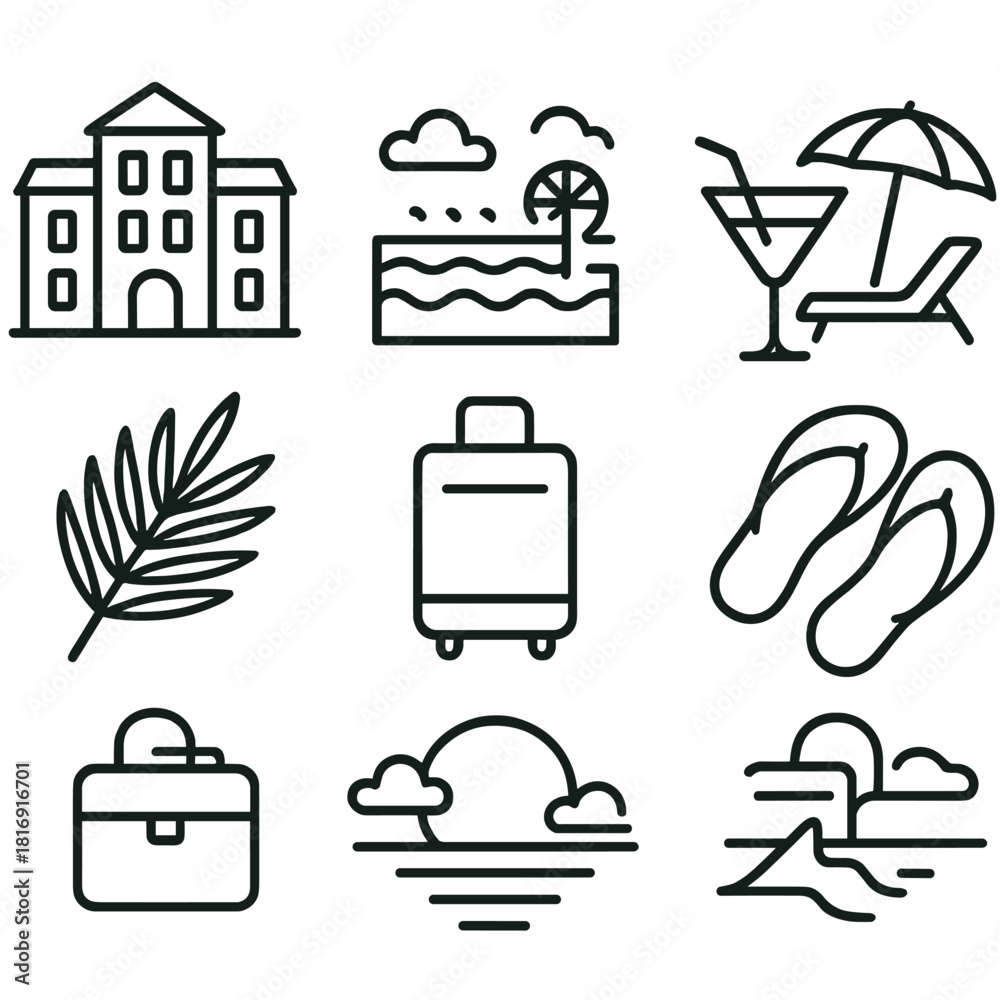 Fototapeta premium Tropical Resort Icons. Luxury Escape linear icon set: resort building, infinity pool, cocktail glass, lounge chair, palm leaf, suitcase, sunset, flip-flops