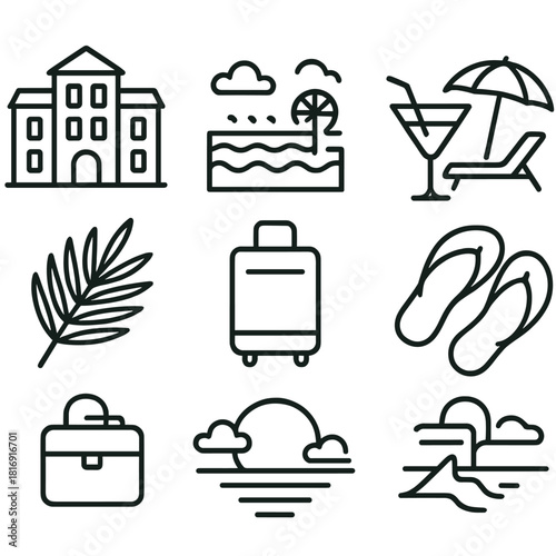 Tropical Resort Icons. Luxury Escape linear icon set: resort building, infinity pool, cocktail glass, lounge chair, palm leaf, suitcase, sunset, flip-flops