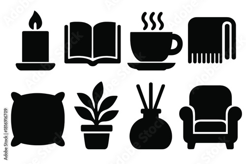 Relaxation Essentials Icons. Relaxation Essentials silhouette icon set. candle, book, tea cup, blanket, pillow, plant, diffuser, armchair.