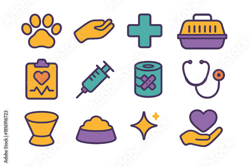 Veterinary Icon Set. Veterinary Support flat icon set: paw print, caring hand, medical cross, pet carrier, wellness chart, syringe symbol, bandage roll, stethoscope, protective
