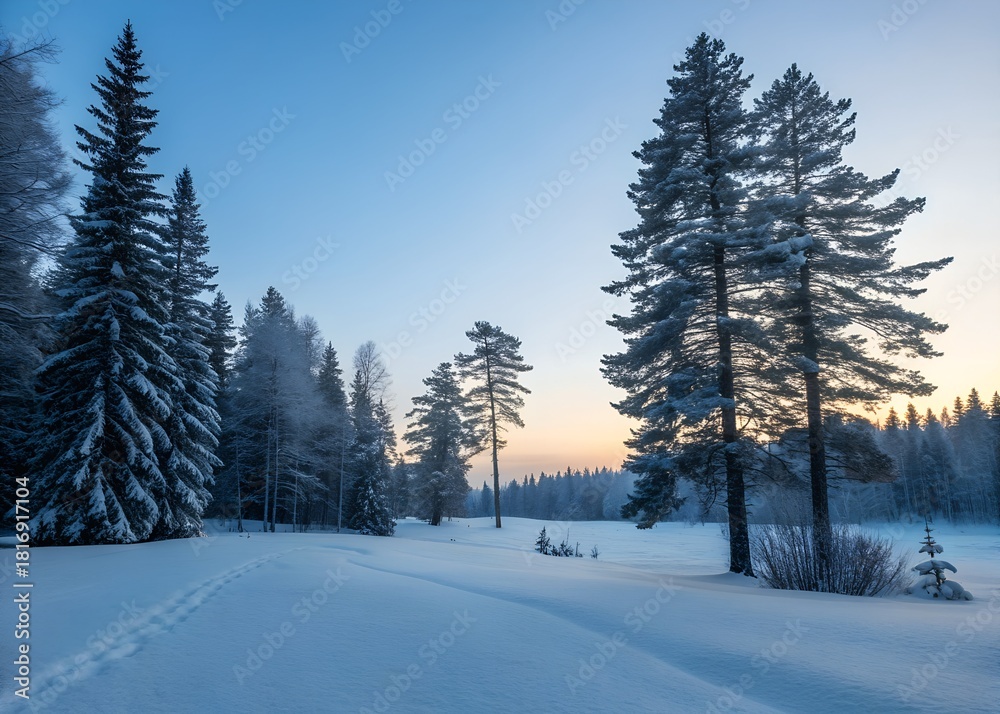 Fototapeta premium Serene Snowy Forest Trail at Sunset with Footprints in Fresh Powder