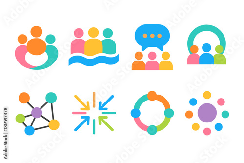 Minimalistic Dialogue Icons. Community Dialogue Spaces flat icon set: group circle, unity wave, shared voice bubble, open forum icon, connection grid, perspective arrows, harmony