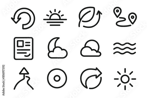 Life Change Icons. Life Change Pack linear icon set: pivot arrow, open horizon, evolving leaf, progress trail, reflective note, new phase icon, calm wave, path marker, checkpoint