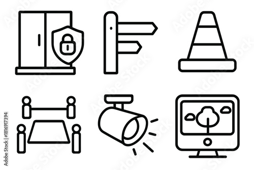 Environment Protection Icons. Protect Environment linear icon set: guarded door, fence post, hazard cone, safe zone marker, spotlight beam, monitoring window