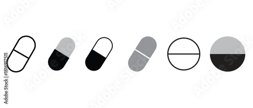 Minimal pill and capsule icons set in black and grey - medical drug symbol collection vector.