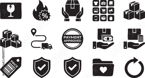 Black ecommerce and delivery icons set, featuring fragile, discount, package, shopping, delivery, payment, security, and return