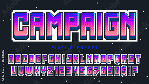 Pixel alphabet design. Retro video game style. High contrast and sharp, retro-futuristic.