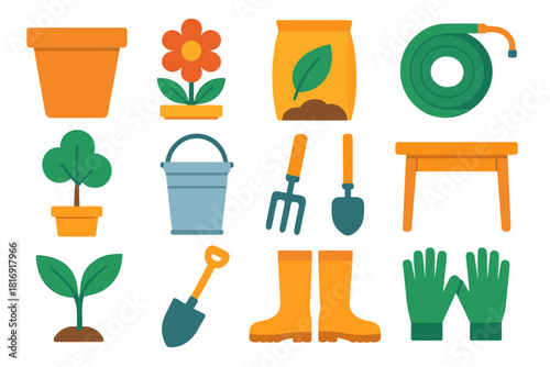 Vibrant Gardening Icons. Outdoor Planting Pots flat icons set. large terracotta pot, blooming flower, soil mix bag, watering hose, potted tree, metal bucket, hand rake, garden