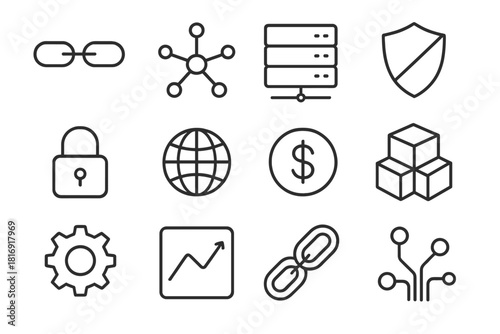 Blockchain Network Icons. Decentralized Network linear icon set: blockchain chain, node, server, shield, lock, globe, coin, data block, gear, chart, link, circuit