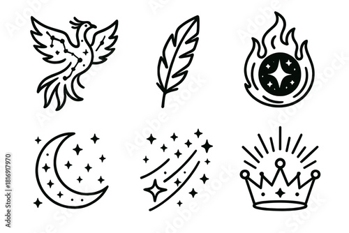 Celestial Phoenix Art. Celestial Phoenix linear icon set: constellation, golden feather, cosmic flame, moonlight glow, star trail, radiant crown