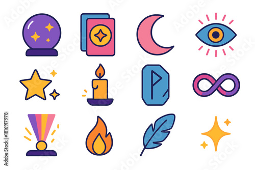 Mystical Fortune Icons. Mystical Fortune flat icons set. crystal ball, tarot deck, moon, eye symbol, stars, candle, rune, infinity loop, light beam, flame, feather, spark.