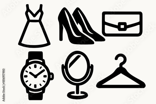 Brutalist Fashion Icons. High-End Fashion silhouette icon set. designer dress, heels, clutch bag, watch, mirror, hanger