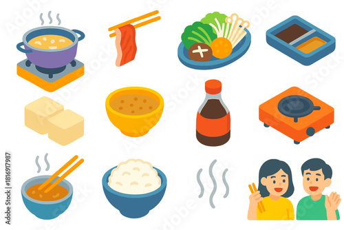 Vibrant Shabu-Shabu Icons. Shabu-Shabu Dining flat icons set. pot with boiling broth, thin meat slices held with chopsticks, vegetable platter, dipping sauces, tofu pieces, sesame