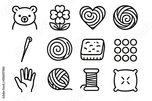 Wool Art Icons. Wool art linear icon set: felted animal, flower, heart, sphere, needle, wool roll, mat, color palette, hand, yarn, thread, cushion