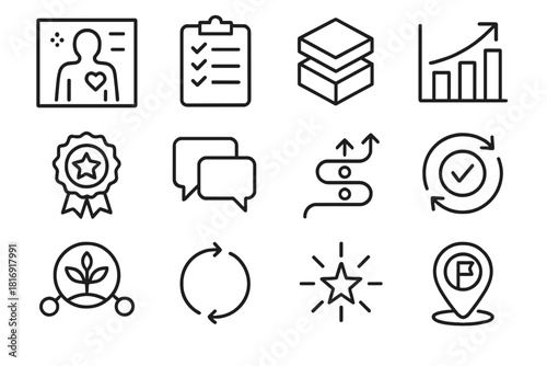 Wellness Program Blueprint. Comprehensive Wellness Program Collection linear icon set: wellness blueprint, initiative list, multilevel strategy blocks, outcome metric, incentive