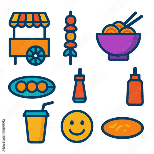Vibrant Street Food Icons. Street Food flat icon set: food cart, skewer, bowl, chopsticks, sauce bottle, plate, drink cup, smile icon