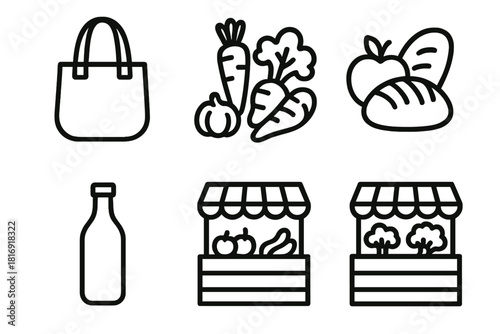 Eco Market Icons. Eco Market linear icon set. fabric tote, fresh vegetables, fruit, bread loaf, glass bottle, market stall