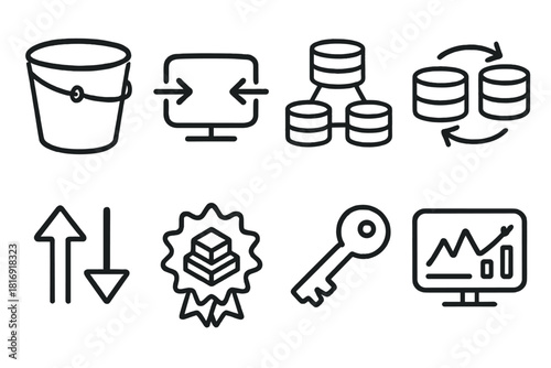 Cloud Storage Icons. Cloud Object Storage set of icons in doodle hand-drawn vector style. S3-style bucket, REST API connection, distributed data node, redundancy replication icon