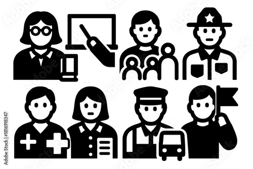 Public Service Icons. Public Service Roles Community silhouette icon set: librarian figure, teacher icon, social worker, park ranger, health aide, city clerk, transit helper