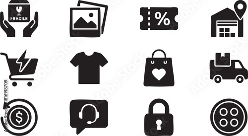 Ecommerce and shopping icon set, featuring symbols for delivery, discount, products, customer service, and security