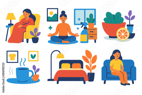 Modern Domestic Harmony. Domestic wellbeing themes flat icon set: cozy atmosphere, serene corner, clean space, nourishing home, comfort habits, intentional living, warm environment