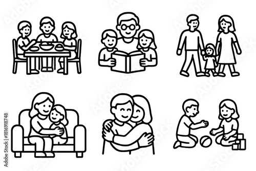 Family Life Icons. Family Moments Set linear icon set: shared meal, storytelling scene, walk together, cozy couch, hug gesture, playtime symbol