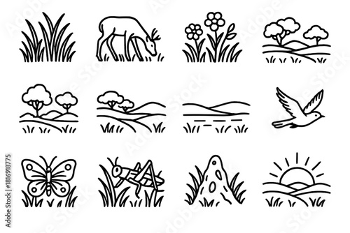 Grassland Icon Illustration. Grassland Ecosystem linear icon set. tall grass, grazing deer, wildflowers, distant trees, rolling hills, clear sky, butterfly, grasshopper, bird in