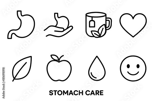 Stomach Health Icons. Stomach care concept linear icon set: stomach organ, hand protection symbol, herbal tea, heart, leaf, apple, water, smile