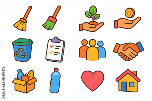 Vibrant Community Service Icons. Community service flat icons set. broom, paintbrush, tree planting, donation hand, recycling bin, clipboard, group, handshake, food box, water