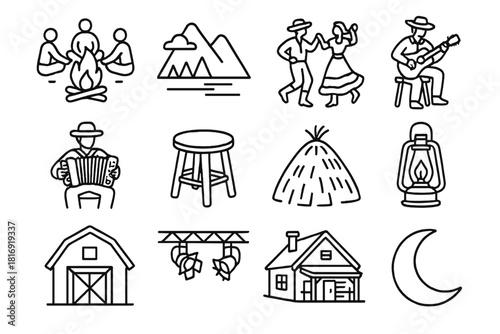 Cultural Folk Icons. Cultural folk scenes linear icon set: campfire circle, mountain backdrop, dancing pair, guitar player, accordionist, wooden stool, haystack, lantern, barn