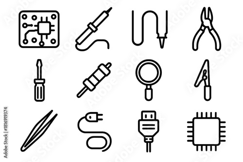 Electronic Assembly Tools. Electronic Assembly linear icon set. circuit board, soldering iron, wire, pliers, screwdriver, resistor, microchip, magnifier, clamp, tweezers, cable