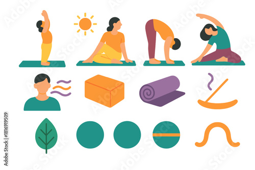 Mindful Movement Icons. Mindful Movement Collection flat icon set: sun salutation figure, gentle twist, forward fold, side stretch, breath wave, yoga block, rolled mat, incense